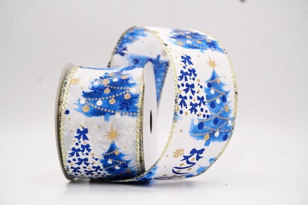 Nastro con filo bianco/blu glitterato con alberi di Natale_KW0442G-1